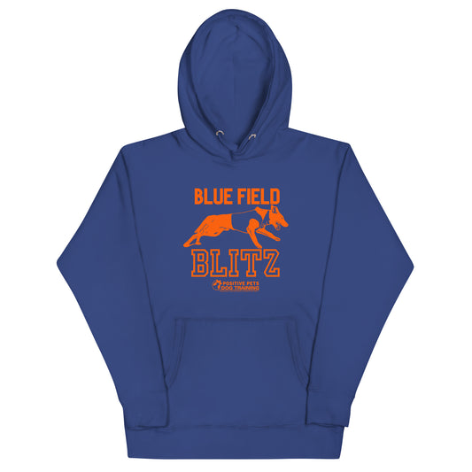 Blue Field Blitz Unisex Hoodie - Orange Graphic